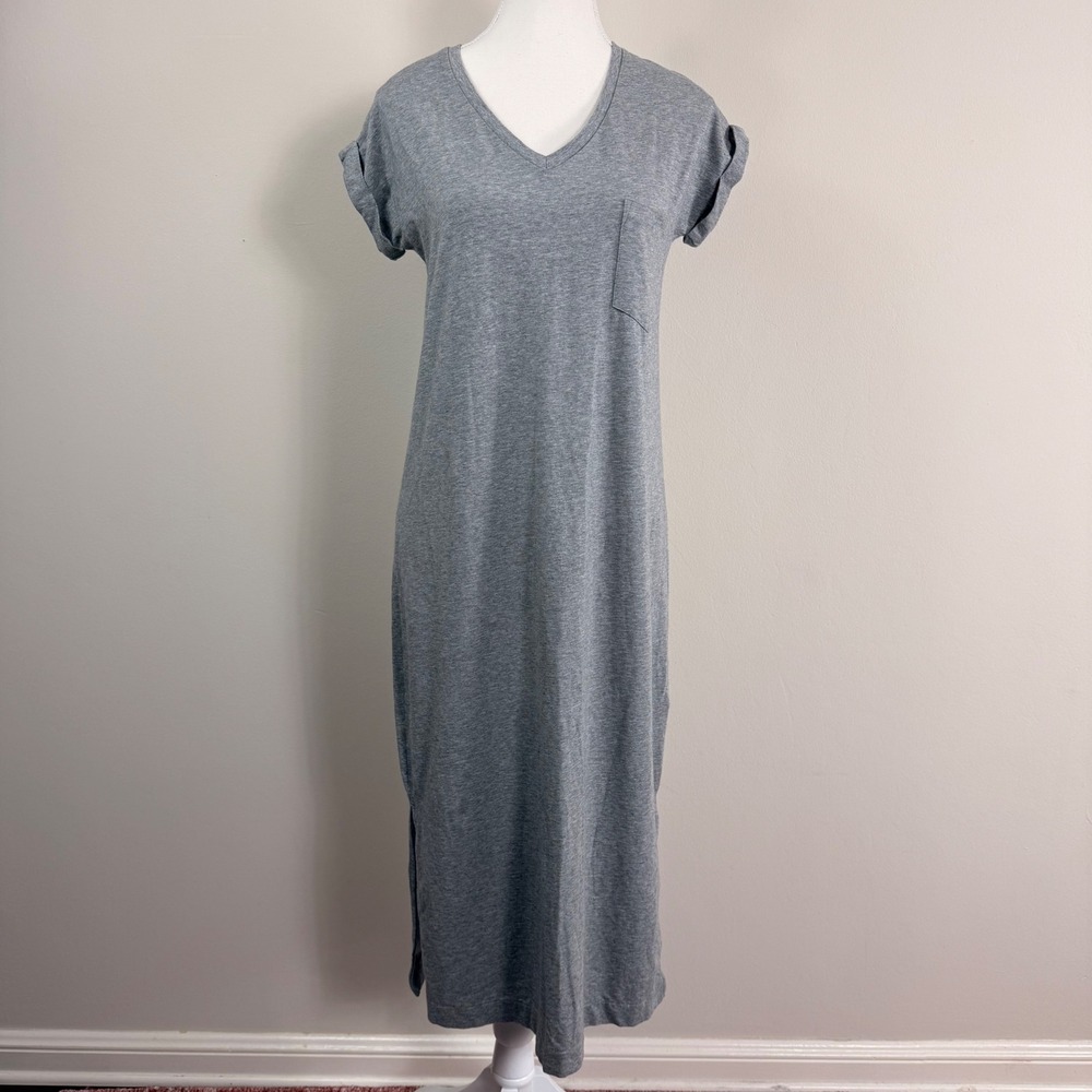 Cuyana Pima Cotton V-Neck Short Sleeve Midi Dress Heather Grey SM Pocket Slit - Picture 2 of 10